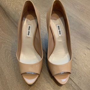 Miu Miu patent leather peep-toe wedge pumps